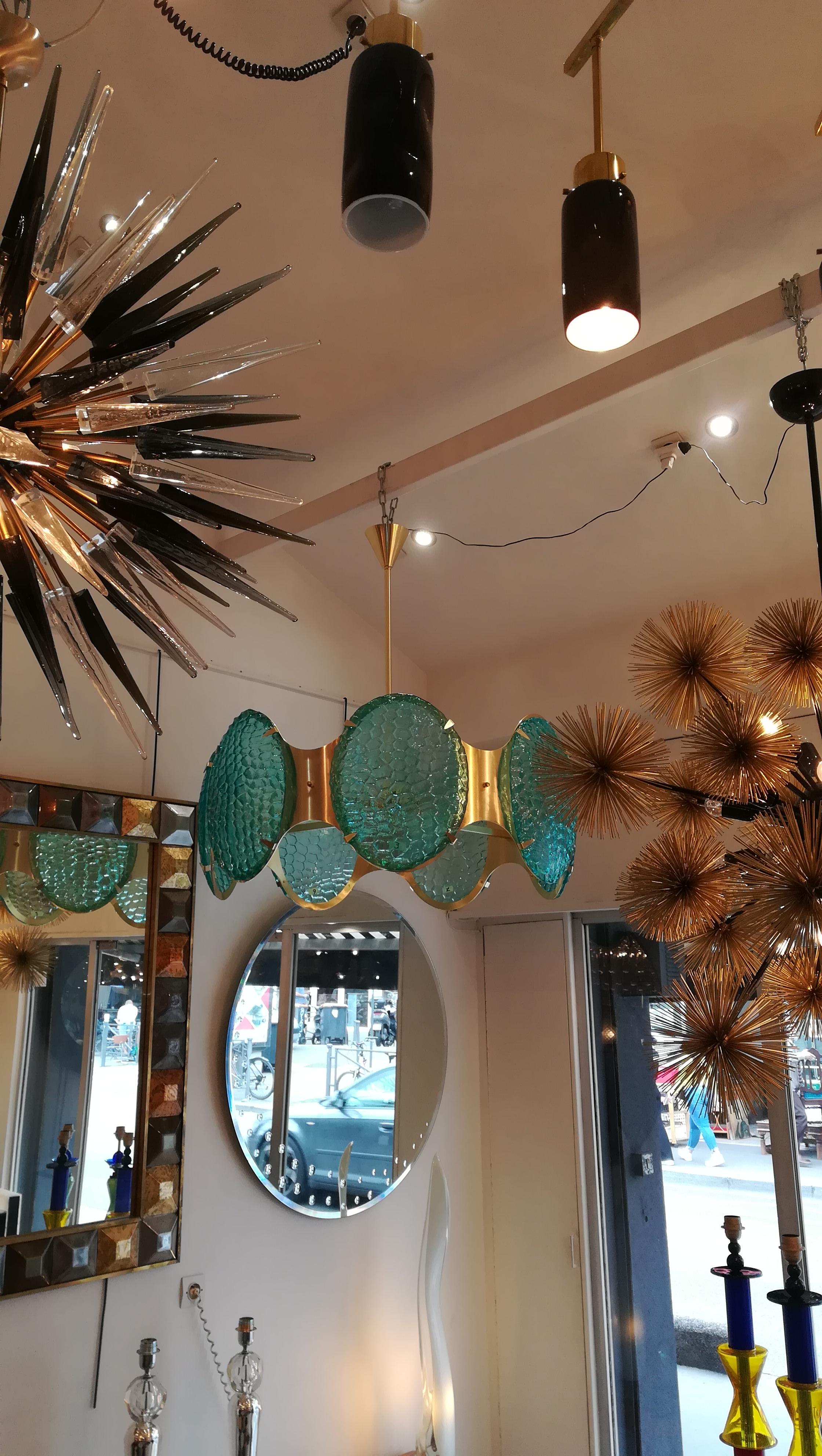 Brass Chandelier With Green Murano Glass Cabochons For Sale 3