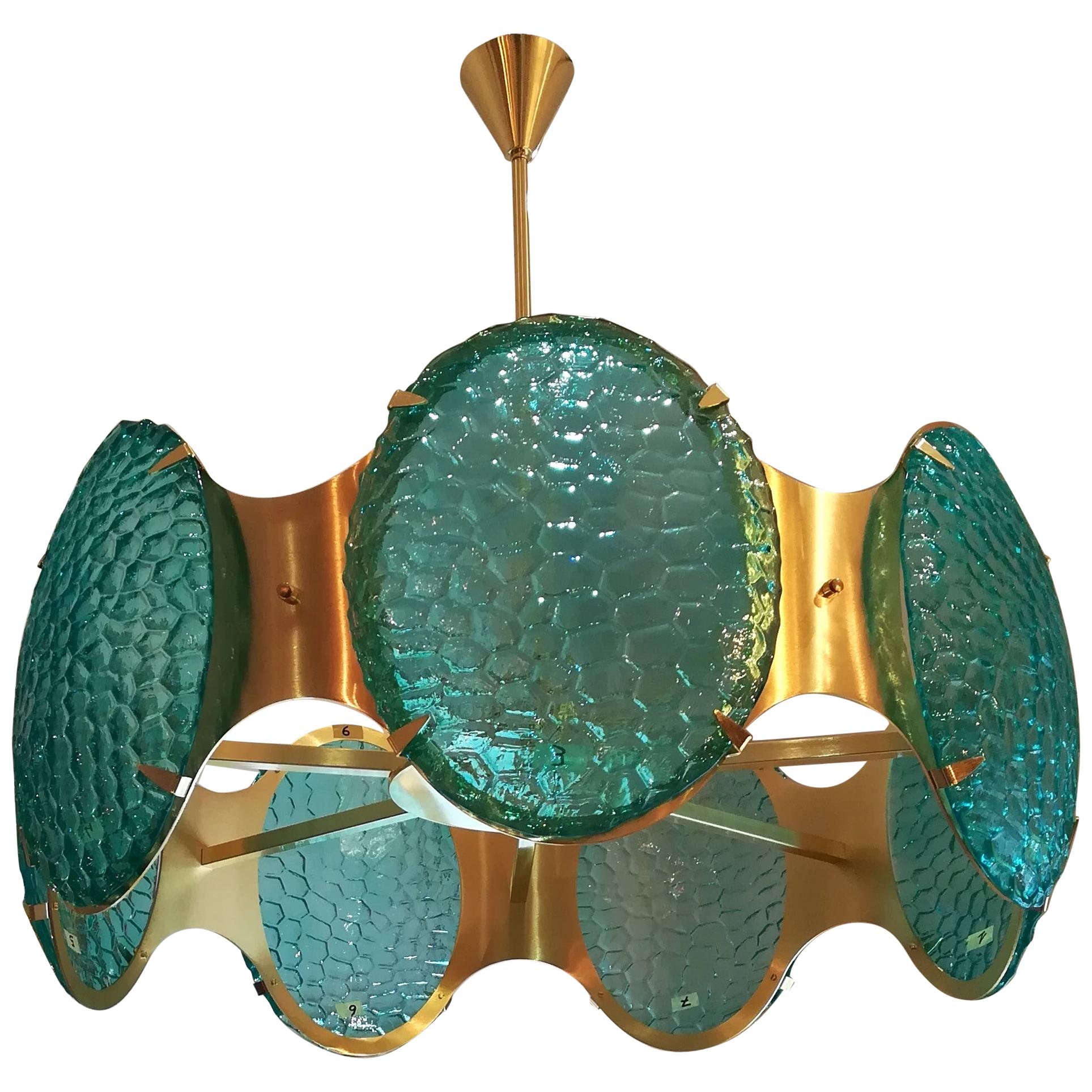 Brass Chandelier With Green Murano Glass Cabochons For Sale