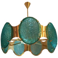 Brass Chandelier With Green Murano Glass Cabochons