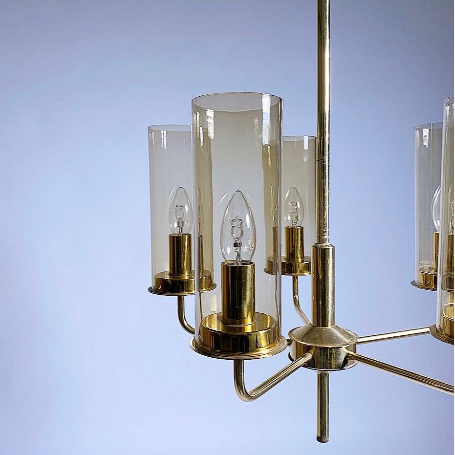 Brass Chandelier with Hand Blown Smoked Glass by Hans Agne Jakobsson, Sweden For Sale 4