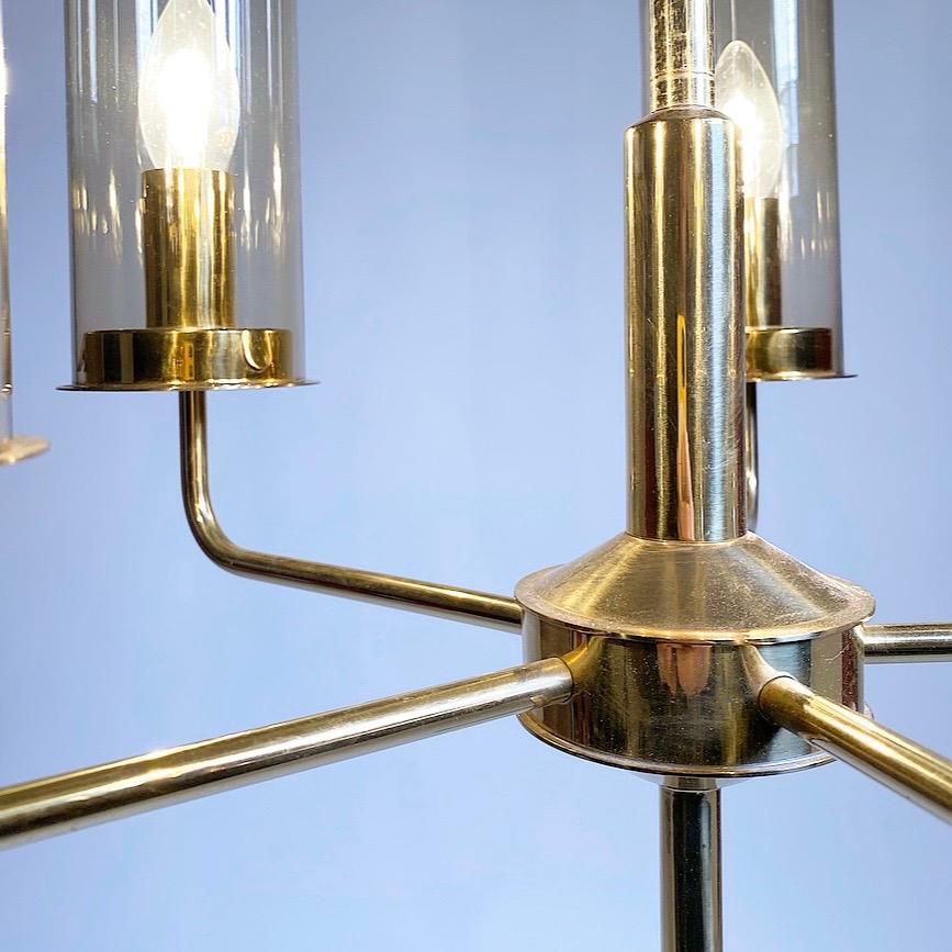 Scandinavian Modern Brass Chandelier with Hand Blown Smoked Glass by Hans Agne Jakobsson, Sweden For Sale