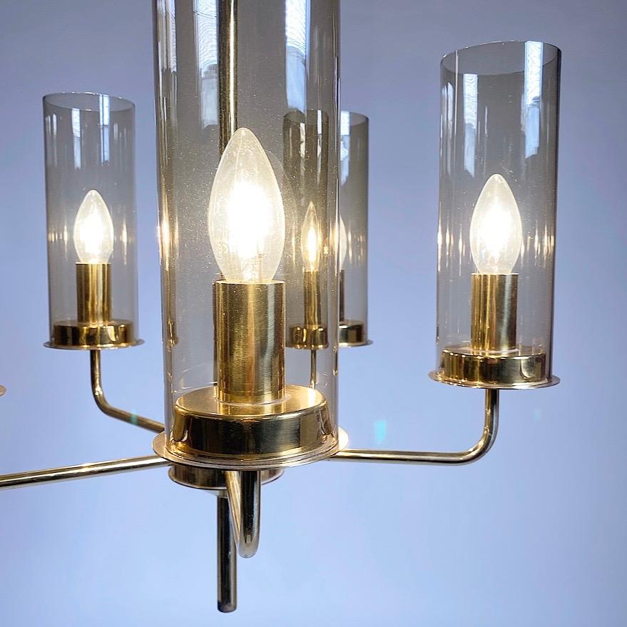 Swedish Brass Chandelier with Hand Blown Smoked Glass by Hans Agne Jakobsson, Sweden For Sale