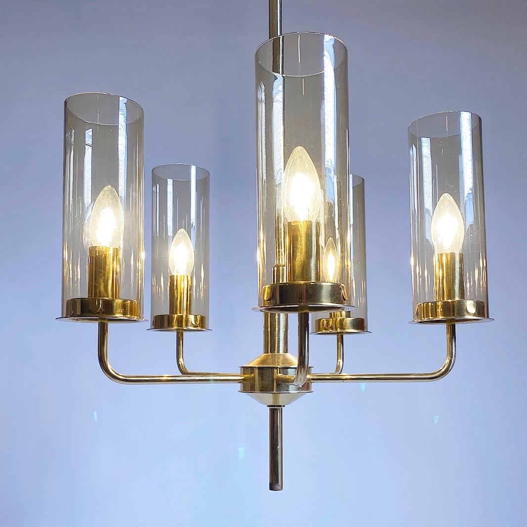 Mid-20th Century Brass Chandelier with Hand Blown Smoked Glass by Hans Agne Jakobsson, Sweden For Sale