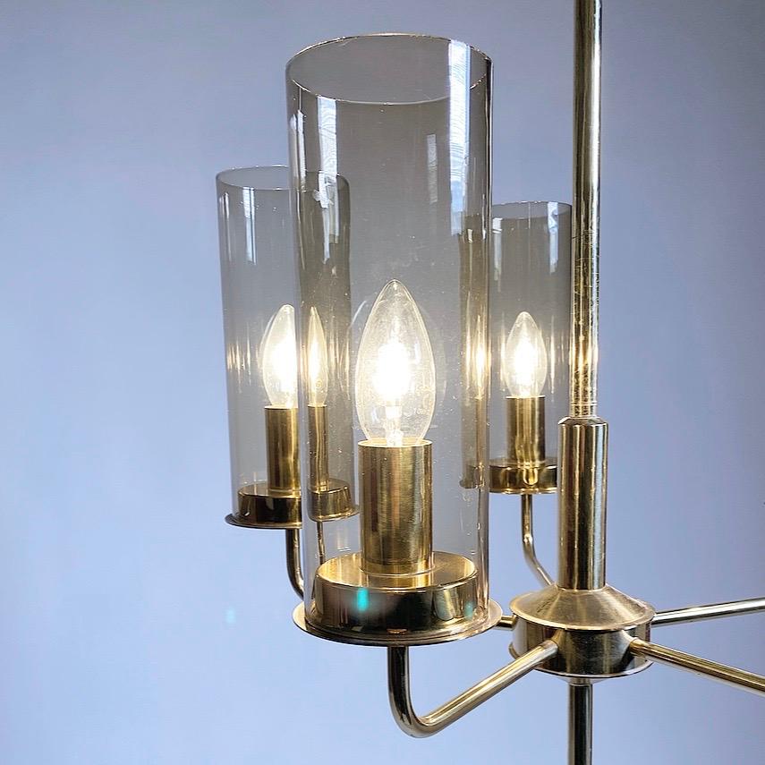 Brass Chandelier with Hand Blown Smoked Glass by Hans Agne Jakobsson, Sweden For Sale 1