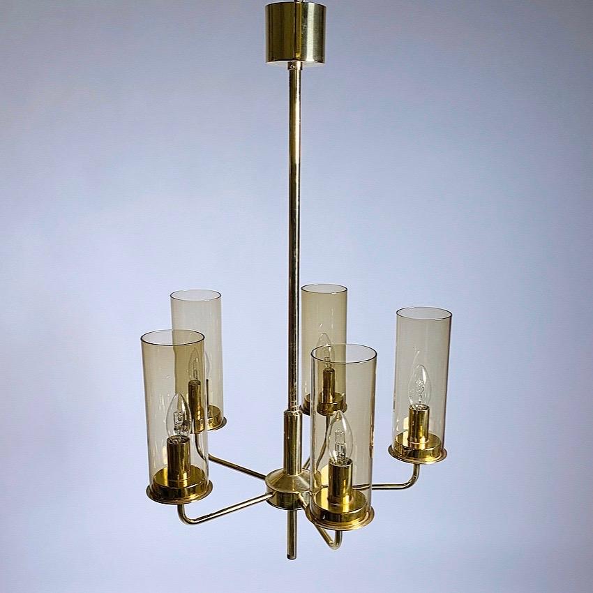 Brass Chandelier with Hand Blown Smoked Glass by Hans Agne Jakobsson, Sweden For Sale 2