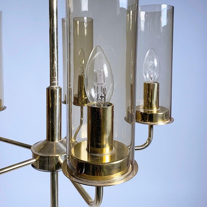 Brass Chandelier with Hand Blown Smoked Glass by Hans Agne Jakobsson, Sweden For Sale 3