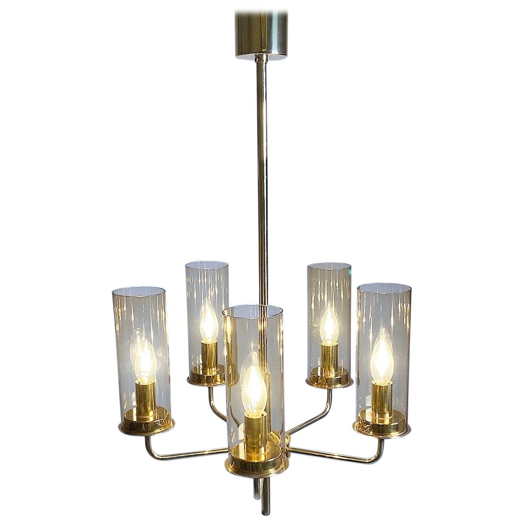 Brass Chandelier with Hand Blown Smoked Glass by Hans Agne Jakobsson, Sweden