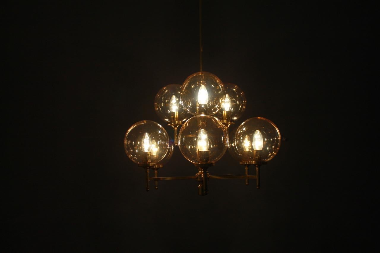 Mid-Century Modern Brass Chandelier with Nine Glass Globes 1960s For Sale