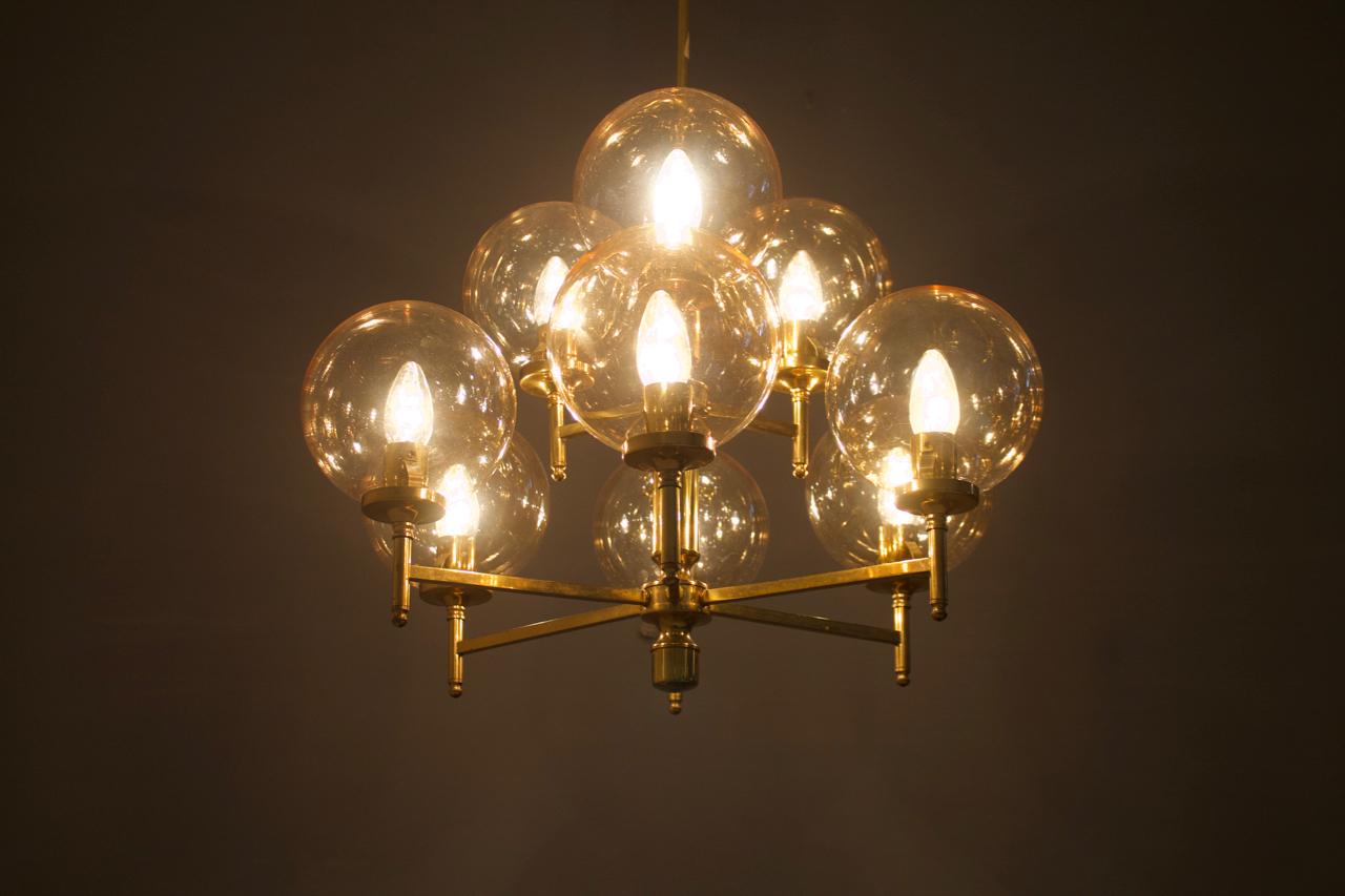 European Brass Chandelier with Nine Glass Globes 1960s For Sale