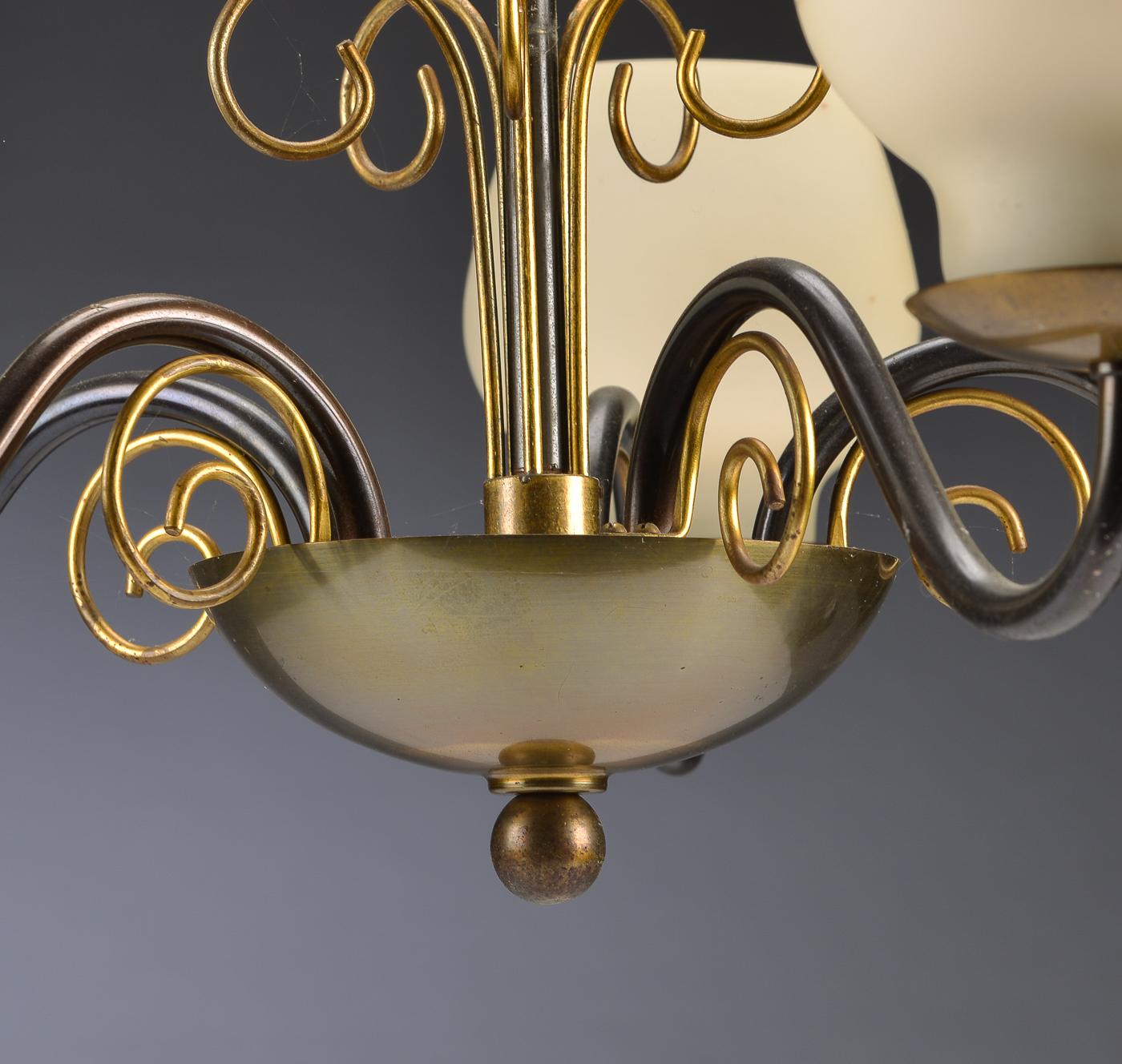 Danish Brass Chandelier with Opaline Glass Shades by Bent Karlby for Lyfa For Sale