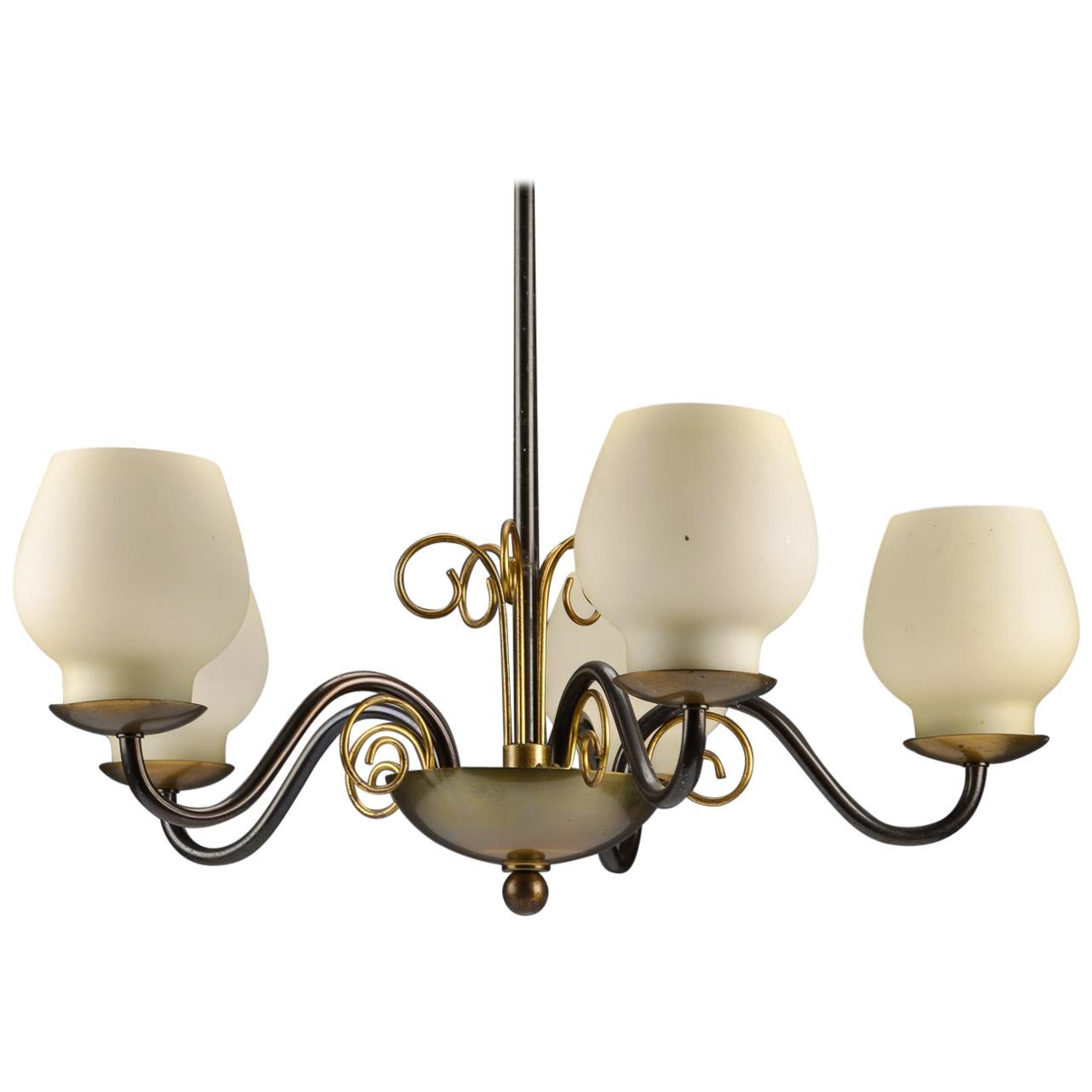 Brass Chandelier with Opaline Glass Shades by Bent Karlby for Lyfa For Sale