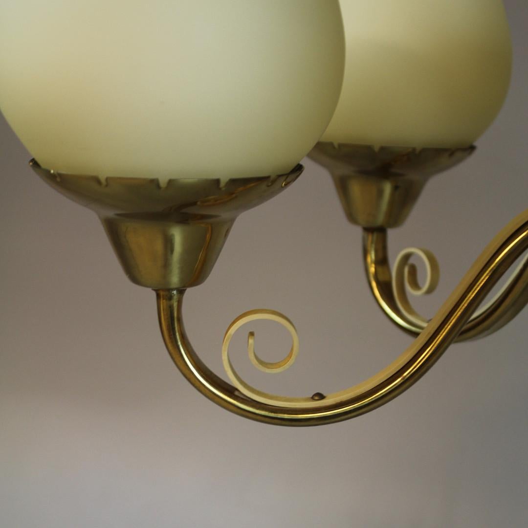 Mid-Century Modern Brass Chandelier with Opaline Glass Shades by Lyfa