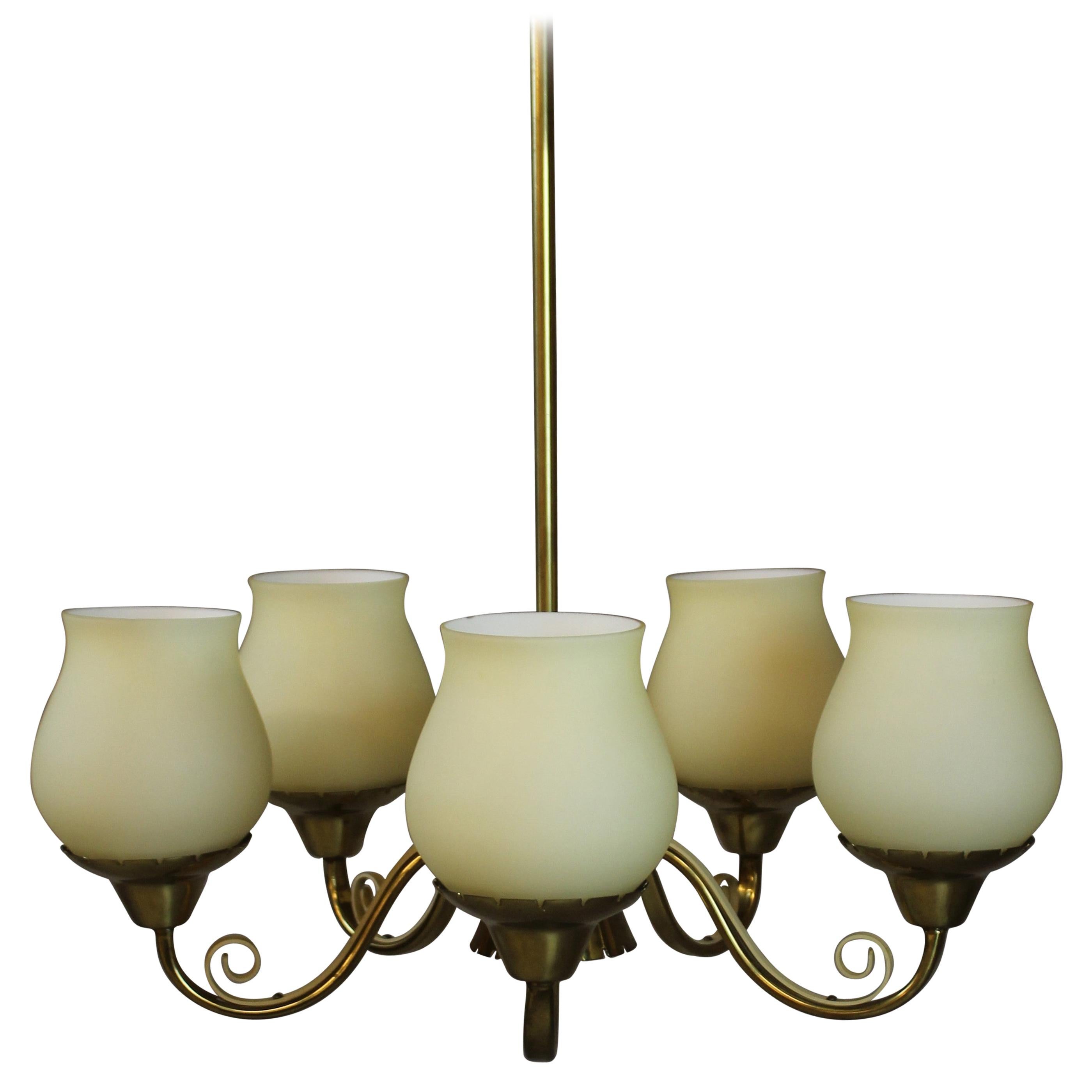Gilt Bronze Billiard or Kitchen Island Chandelier with Opaline and