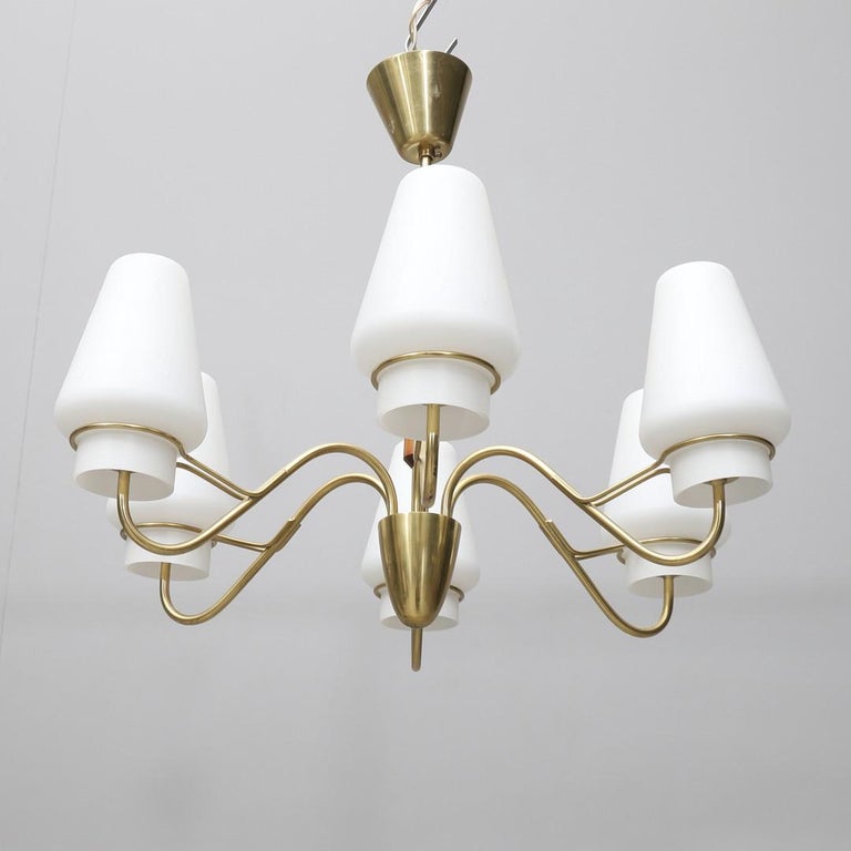 Brass construction with six Opaline glasses fitted with E14 bulbs.
Made in the 1950s in Denmark.
 