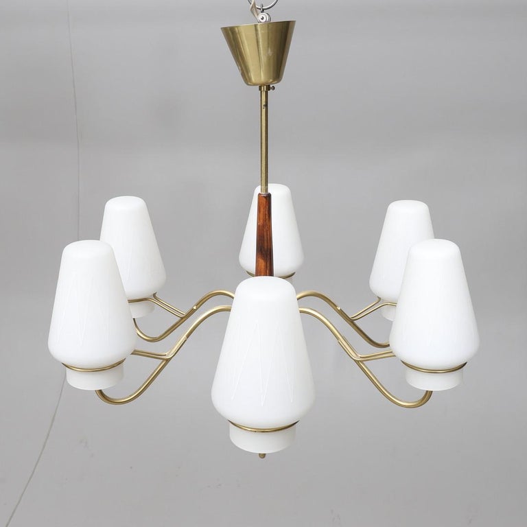 Mid-Century Modern Brass Chandelier with Opaline Glass Shades For Sale