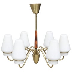 Brass Chandelier with Opaline Glass Shades