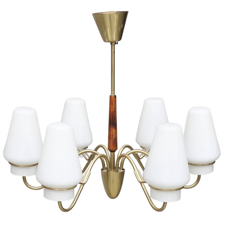 Brass Chandelier with Opaline Glass Shades For Sale