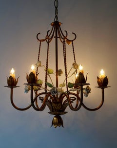 Brass Chandelier with White Porcelain Flowers