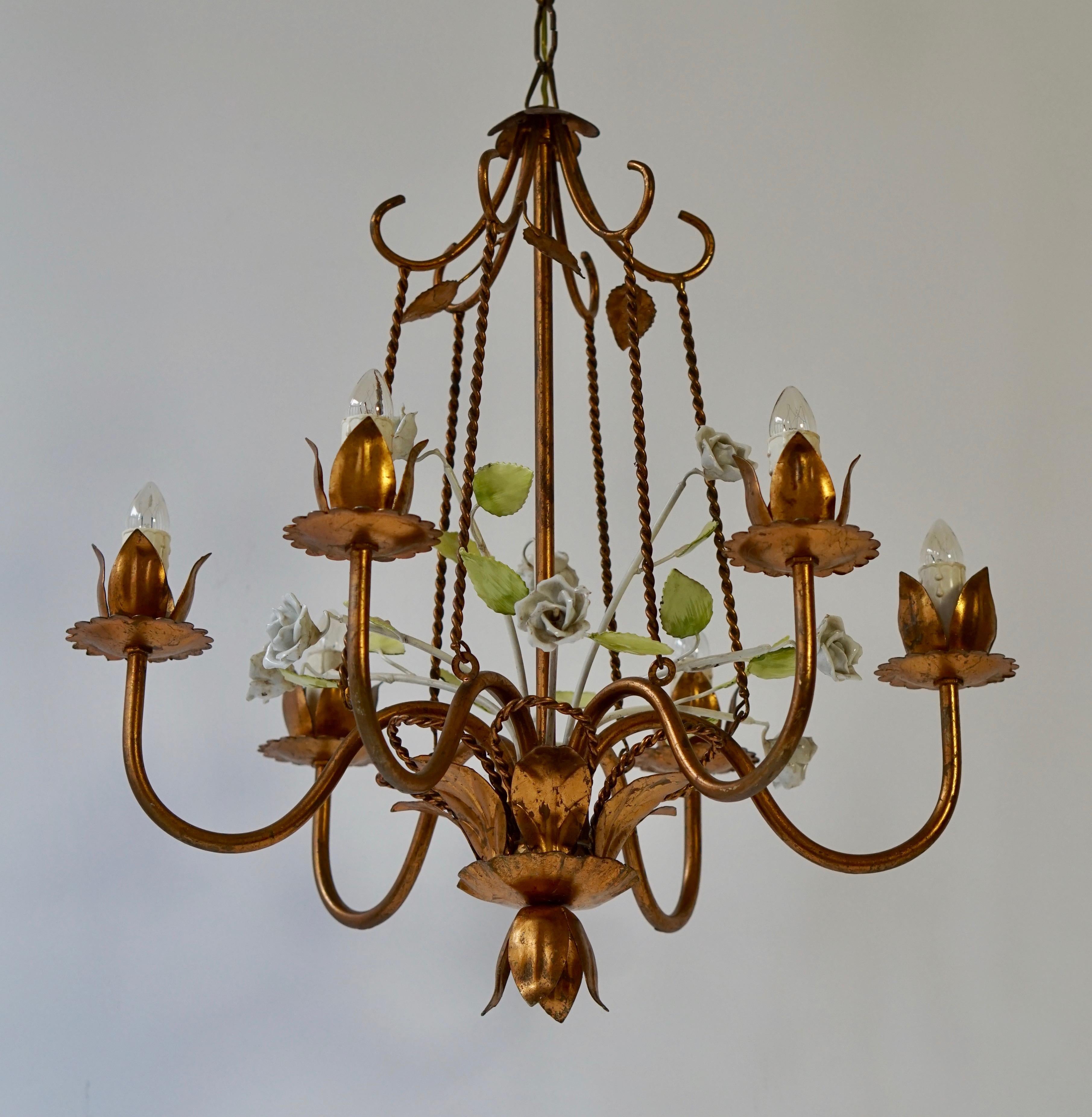 Hollywood Regency Brass Chandelier with Porcelain Flowers For Sale