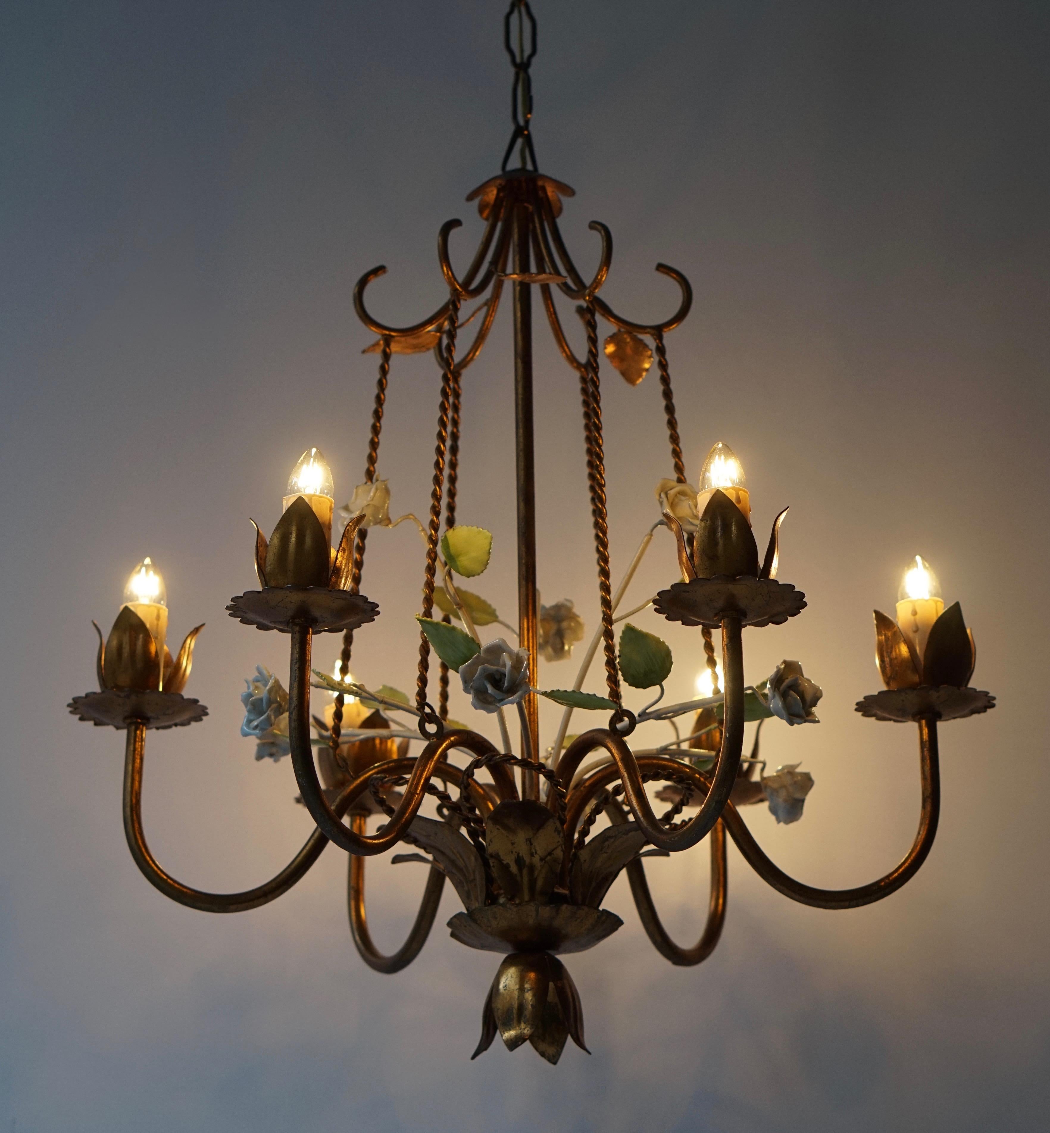 Mid-Century Modern Brass Chandelier with White Porcelain Flowers For Sale