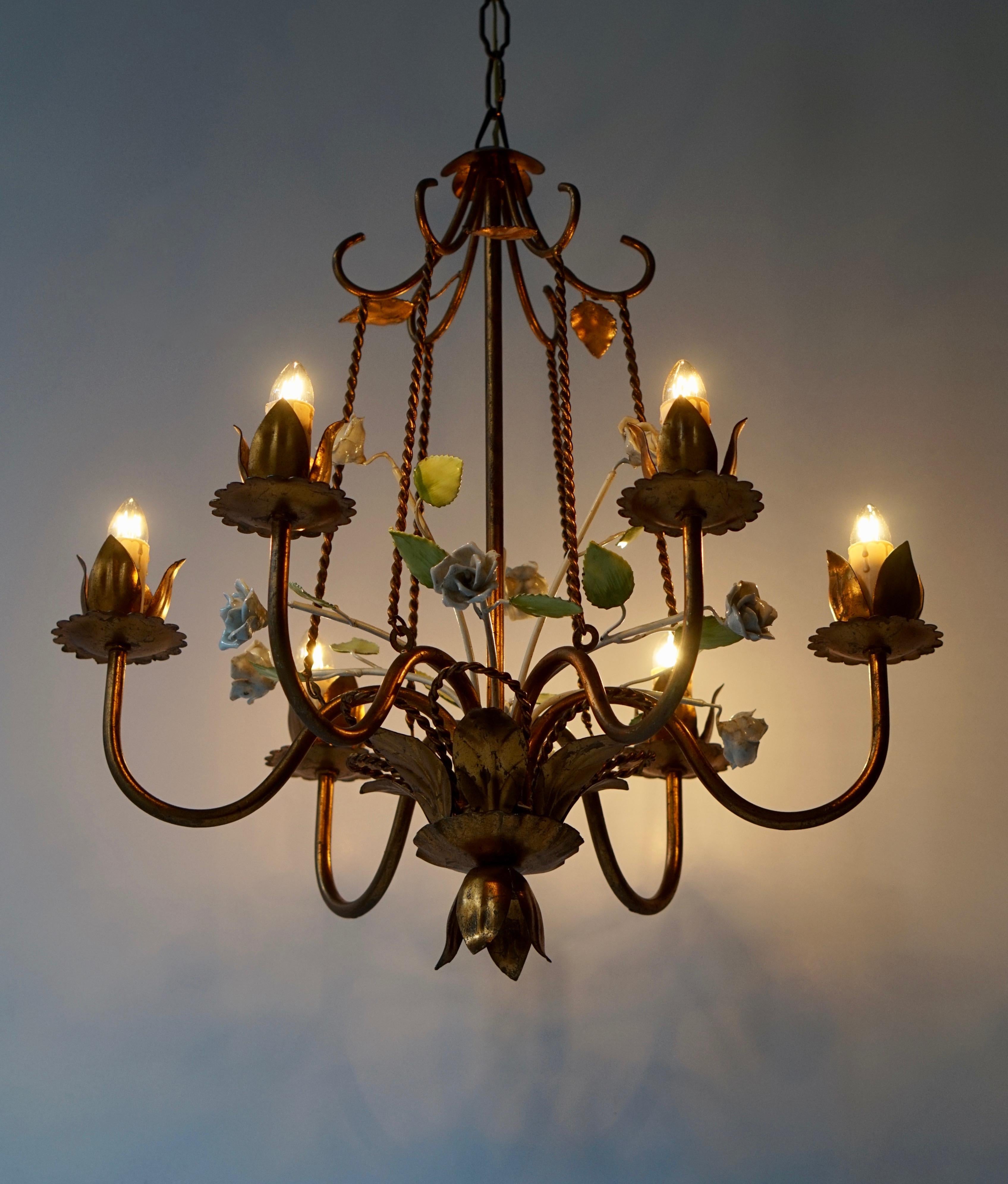 Italian Brass Chandelier with White Porcelain Flowers For Sale