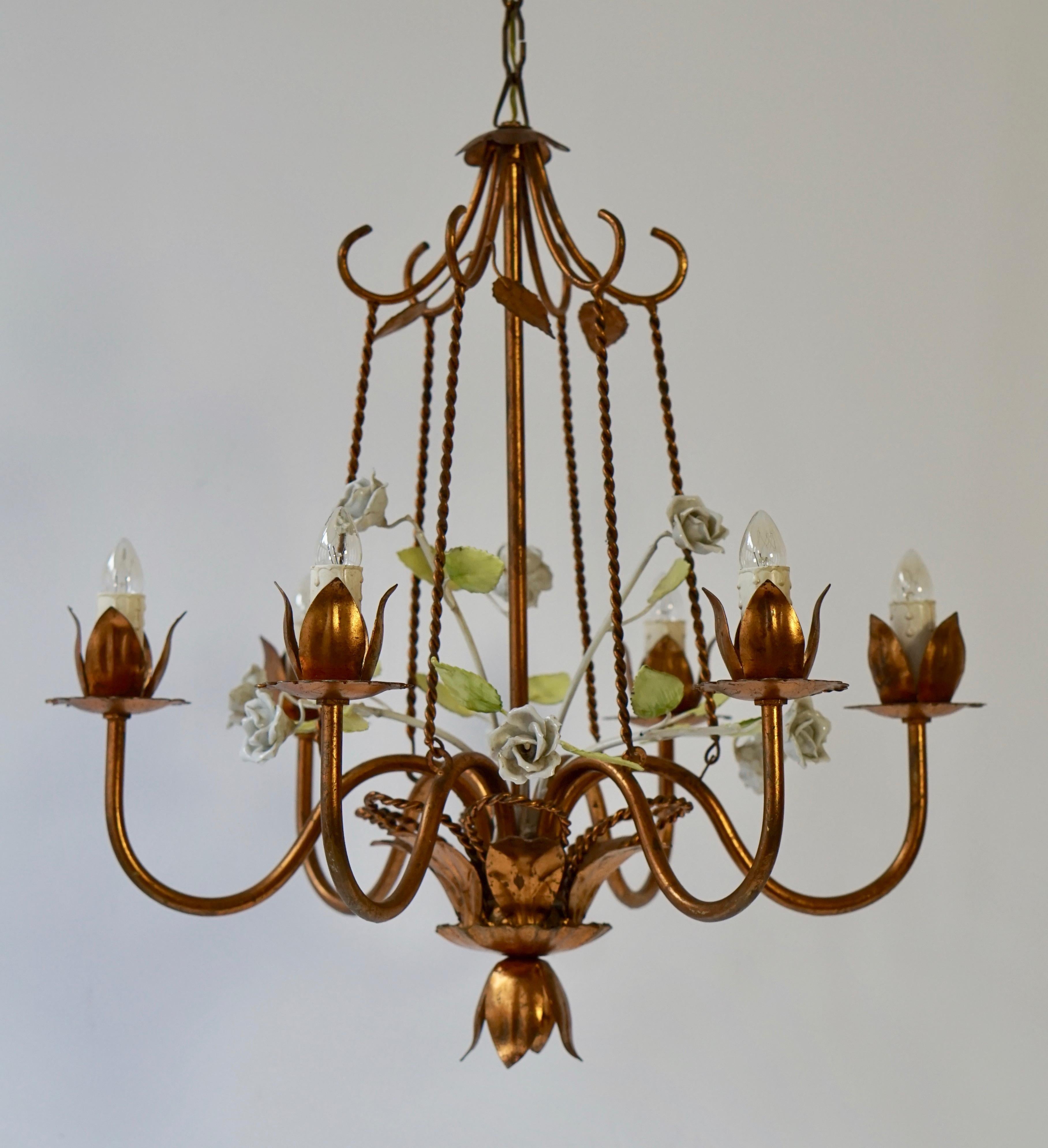 20th Century Brass Chandelier with Porcelain Flowers For Sale