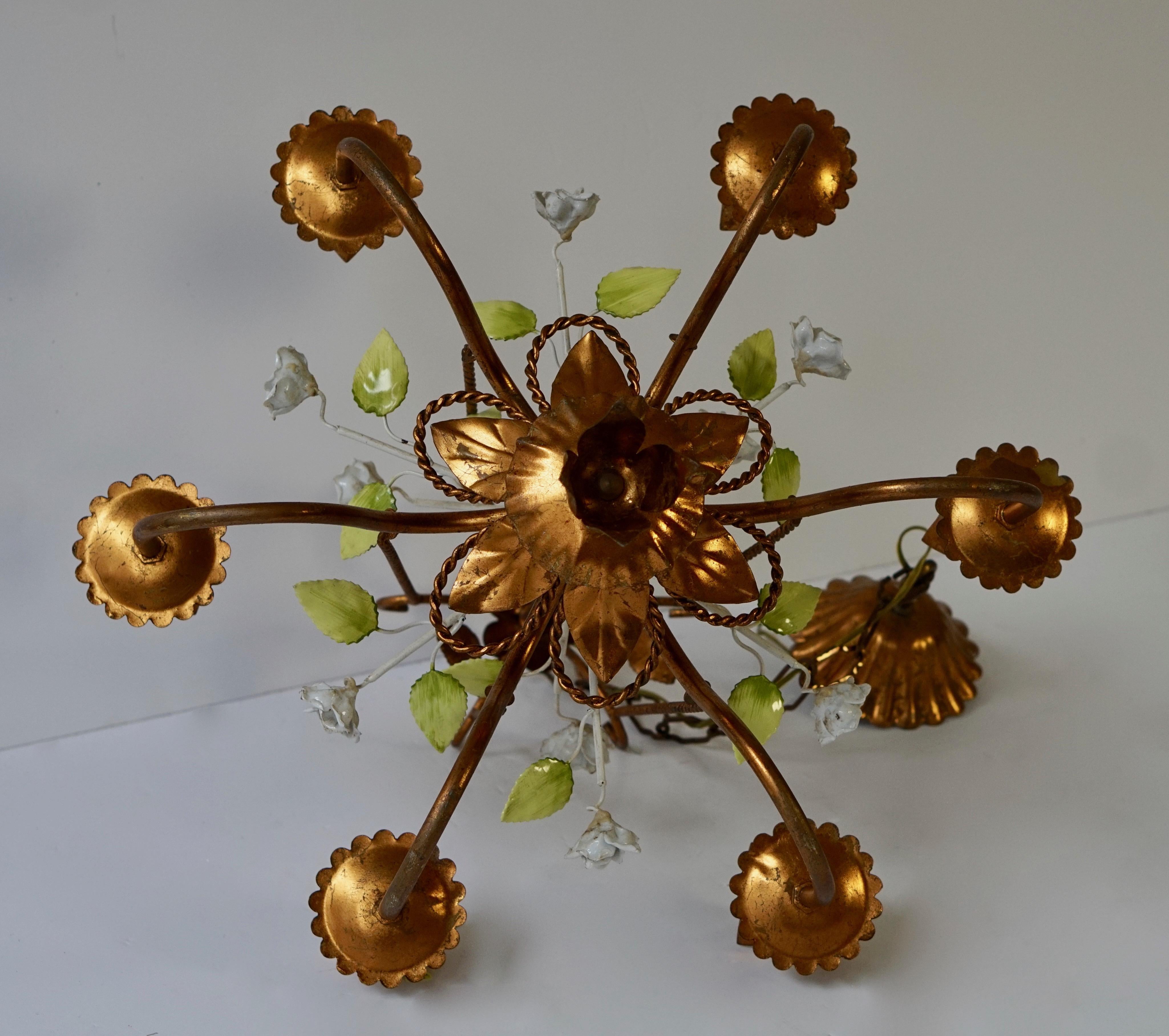 20th Century Brass Chandelier with White Porcelain Flowers For Sale