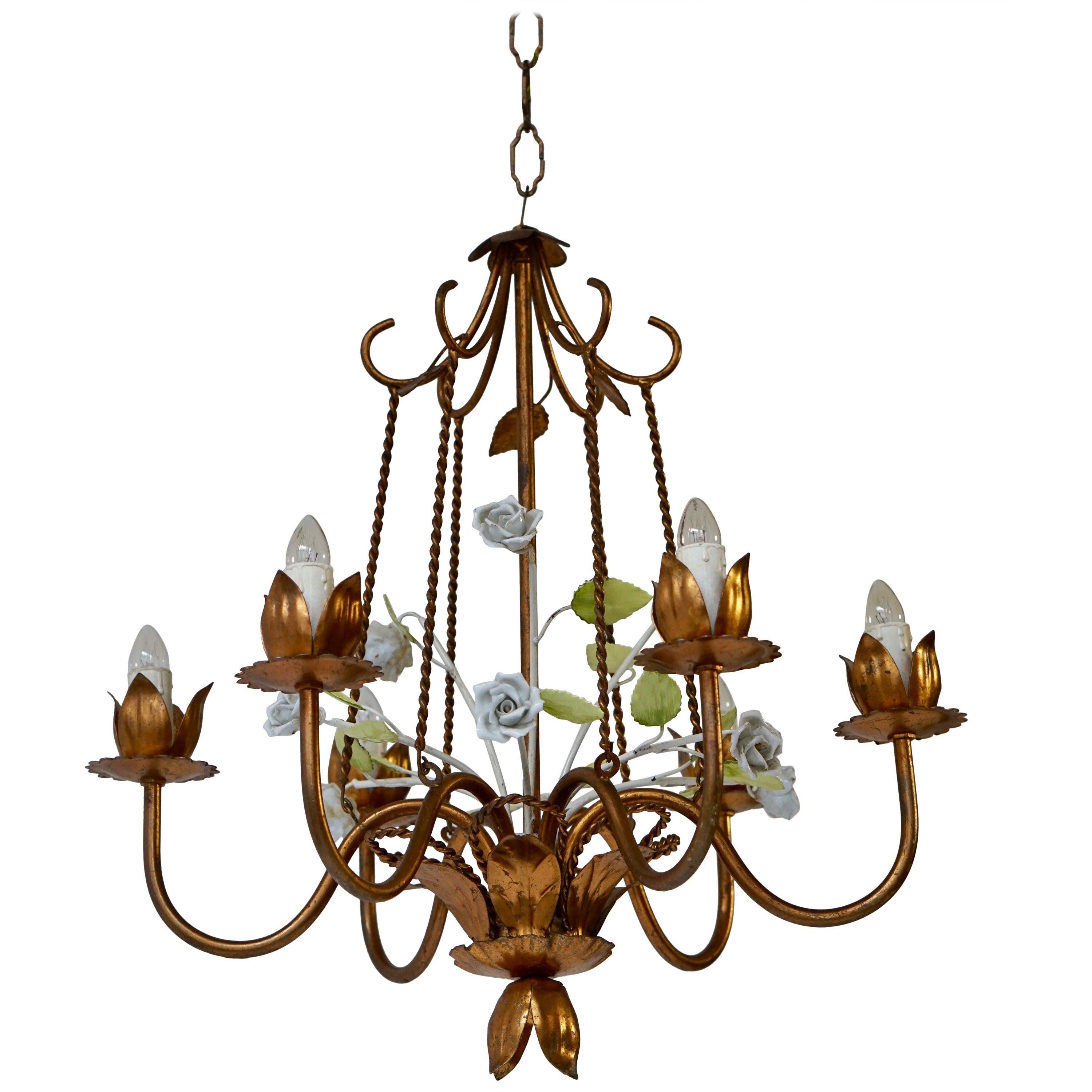 Brass Chandelier with Porcelain Flowers