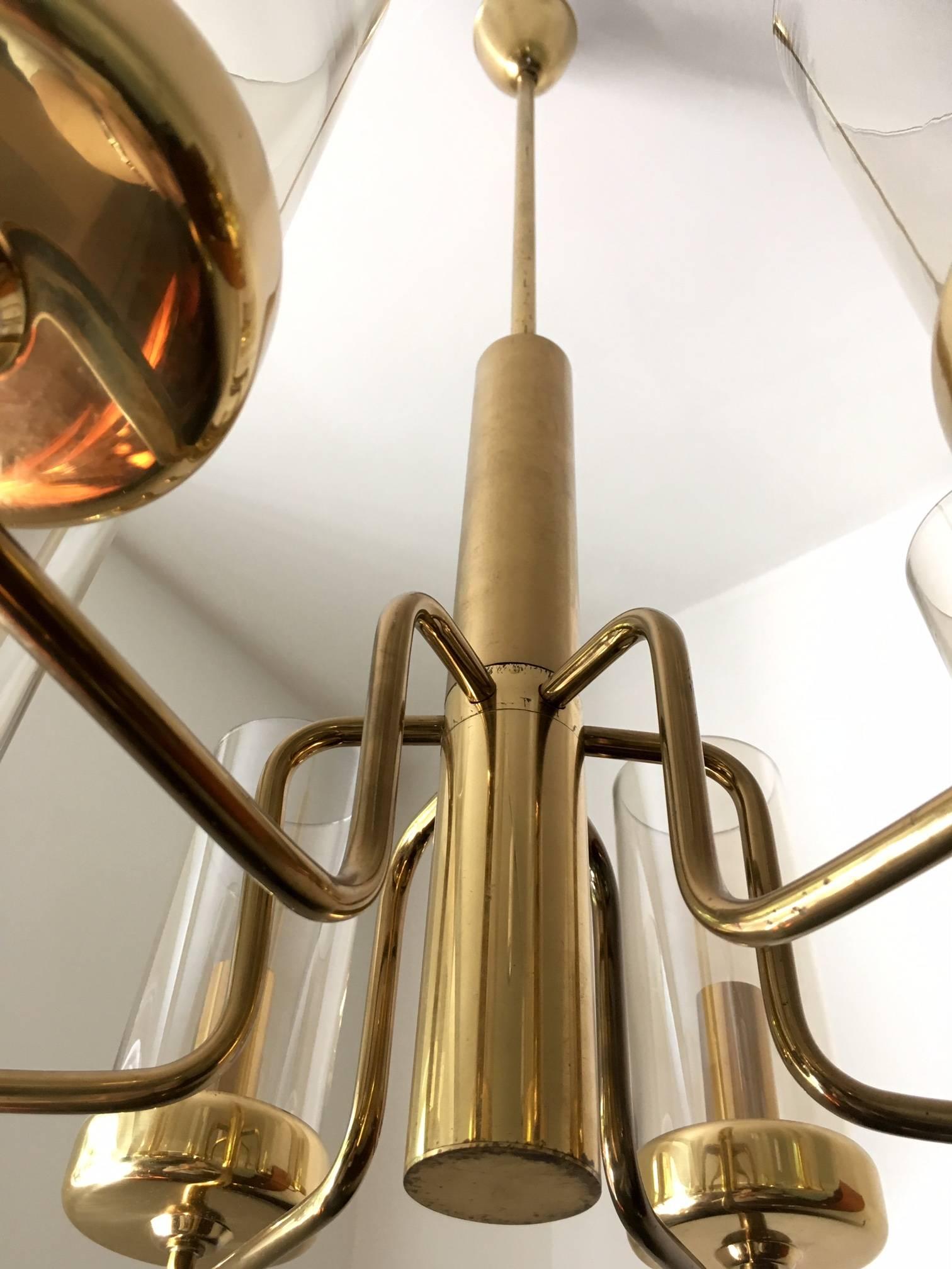 European Brass Chandelier with Six Cylindrical Glass Globes, 1960s
