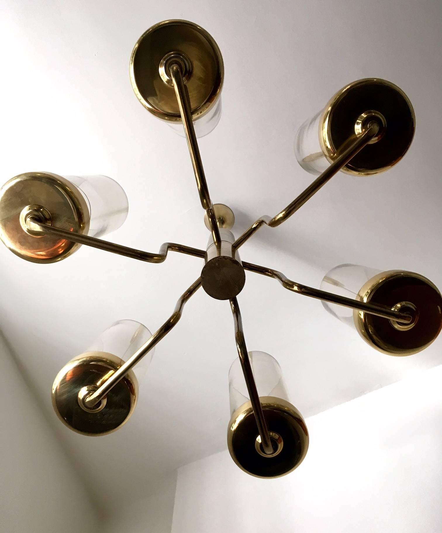 Brass Chandelier with Six Cylindrical Glass Globes, 1960s In Good Condition In Madrid, ES