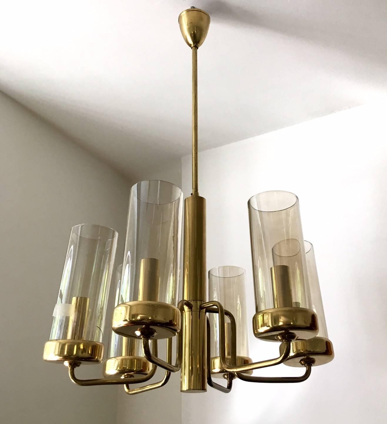 Brass Chandelier with Six Cylindrical Glass Globes, 1960s 1