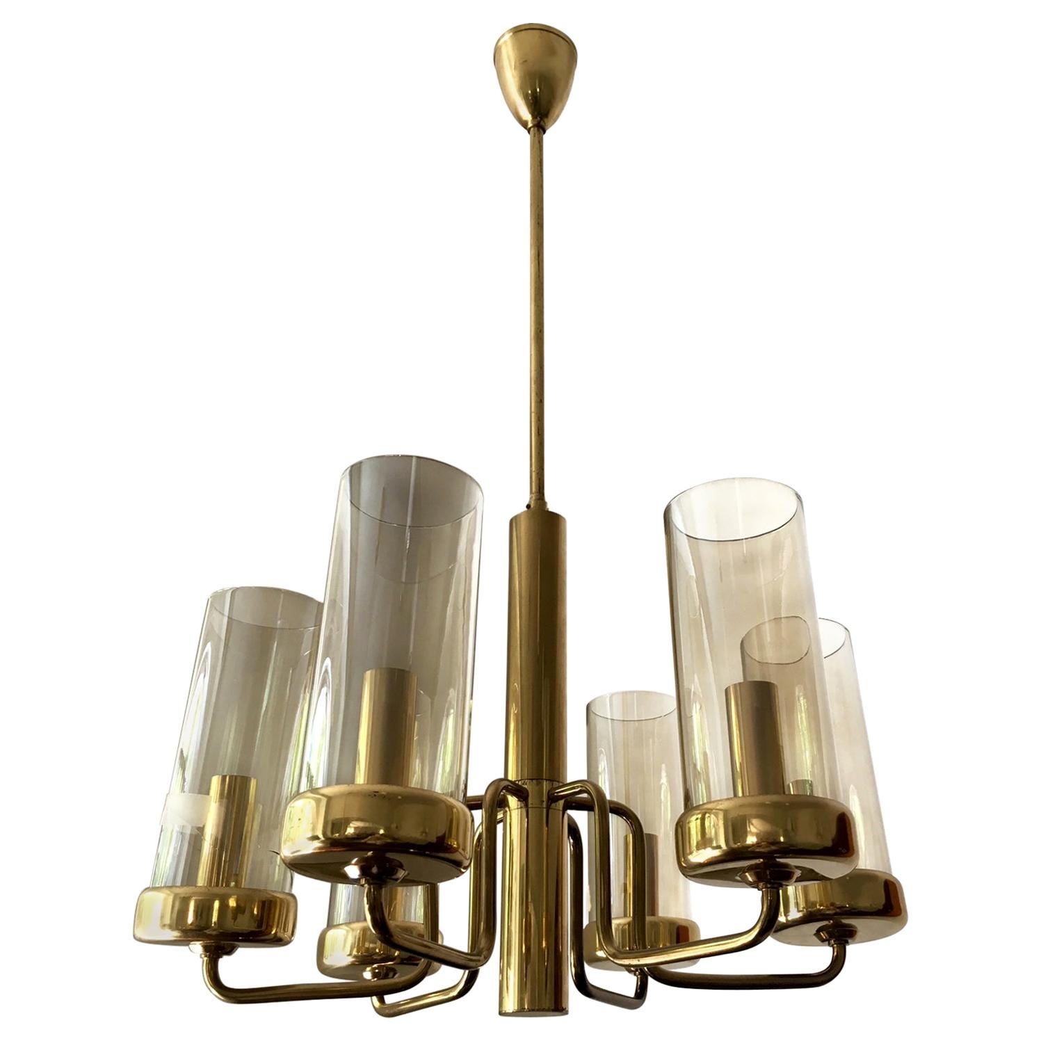 Brass Chandelier with Six Cylindrical Glass Globes, 1960s