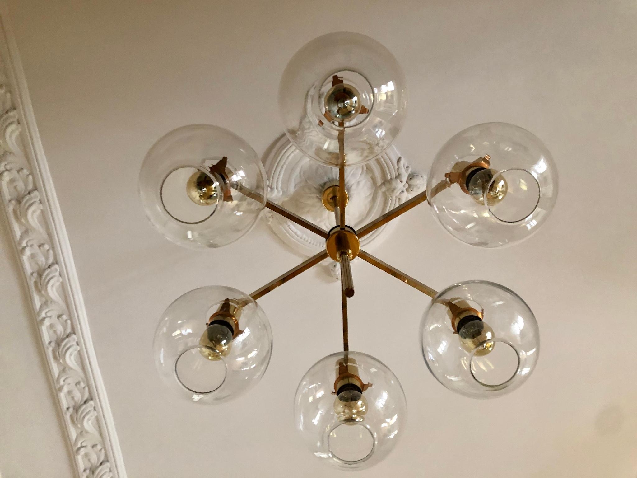 Swedish Brass Chandelier with Six Light Globes by Hans-Agne Jakobsson