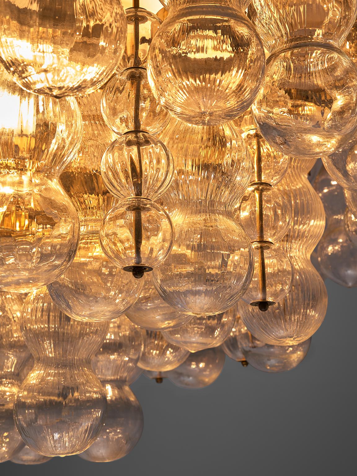 Brass Chandelier with Structured Glass In Good Condition In Waalwijk, NL