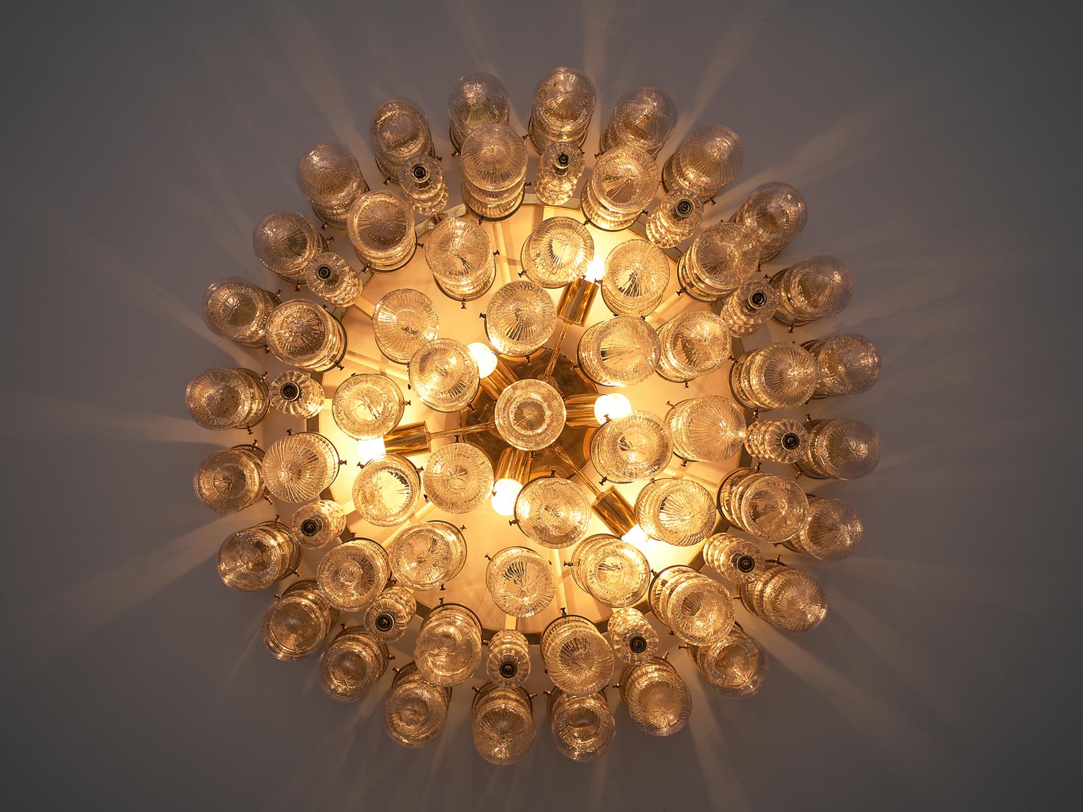 Mid-20th Century Brass Chandelier with Structured Glass