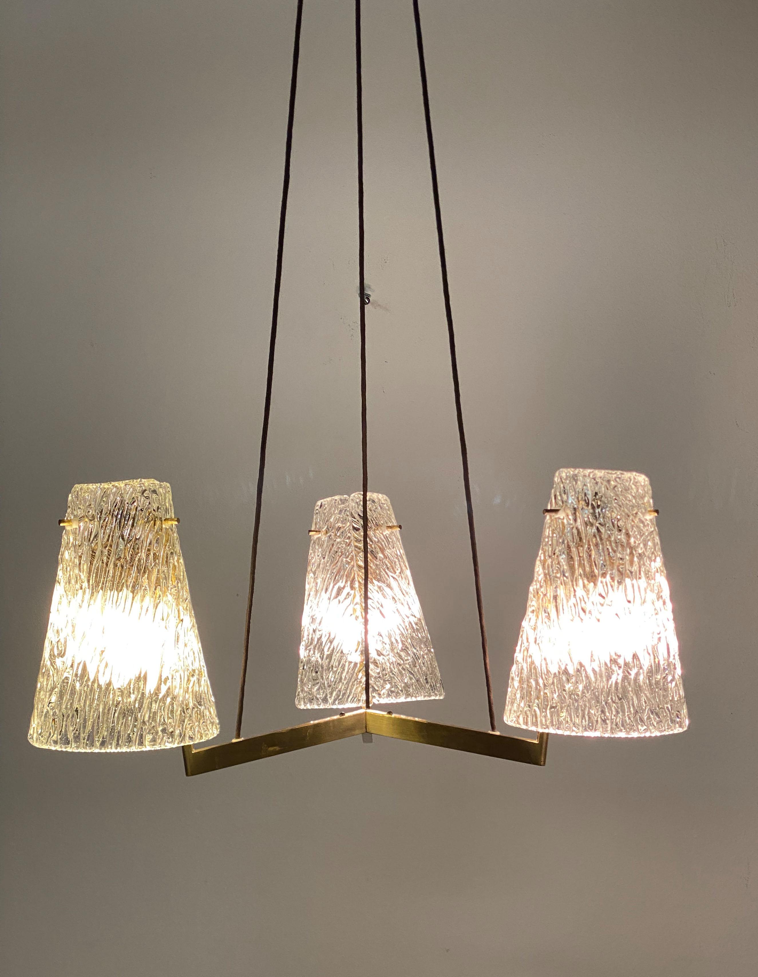 Brass Chandelier with Textured Glass by J. T. Kalmar For Sale 4