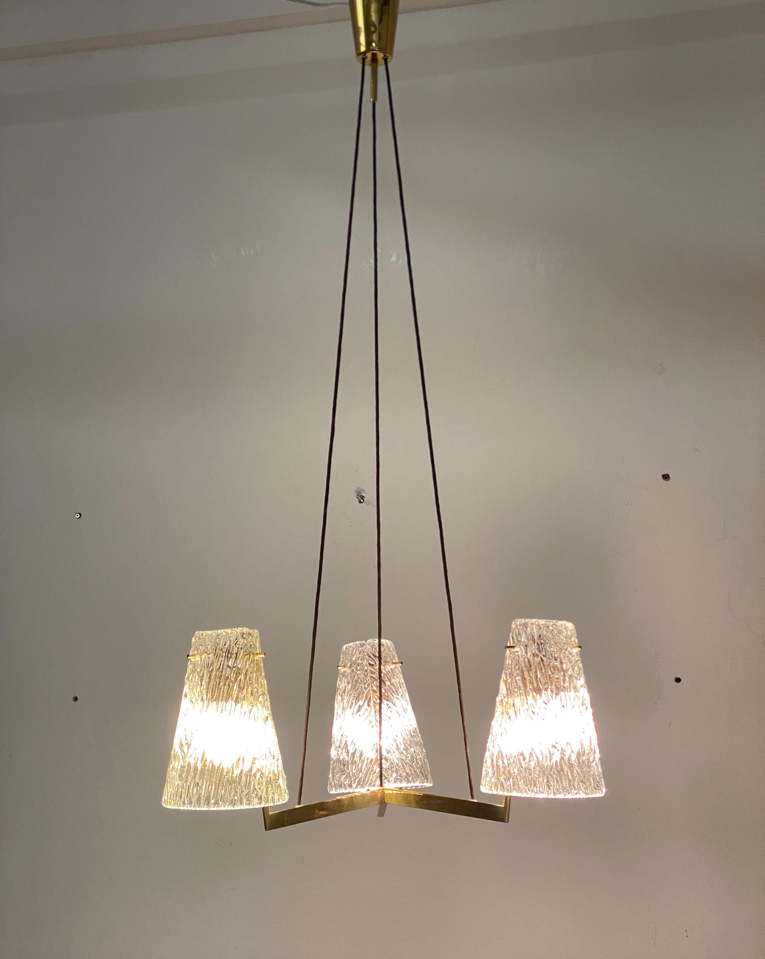 Brass Chandelier with Textured Glass by J. T. Kalmar For Sale 5