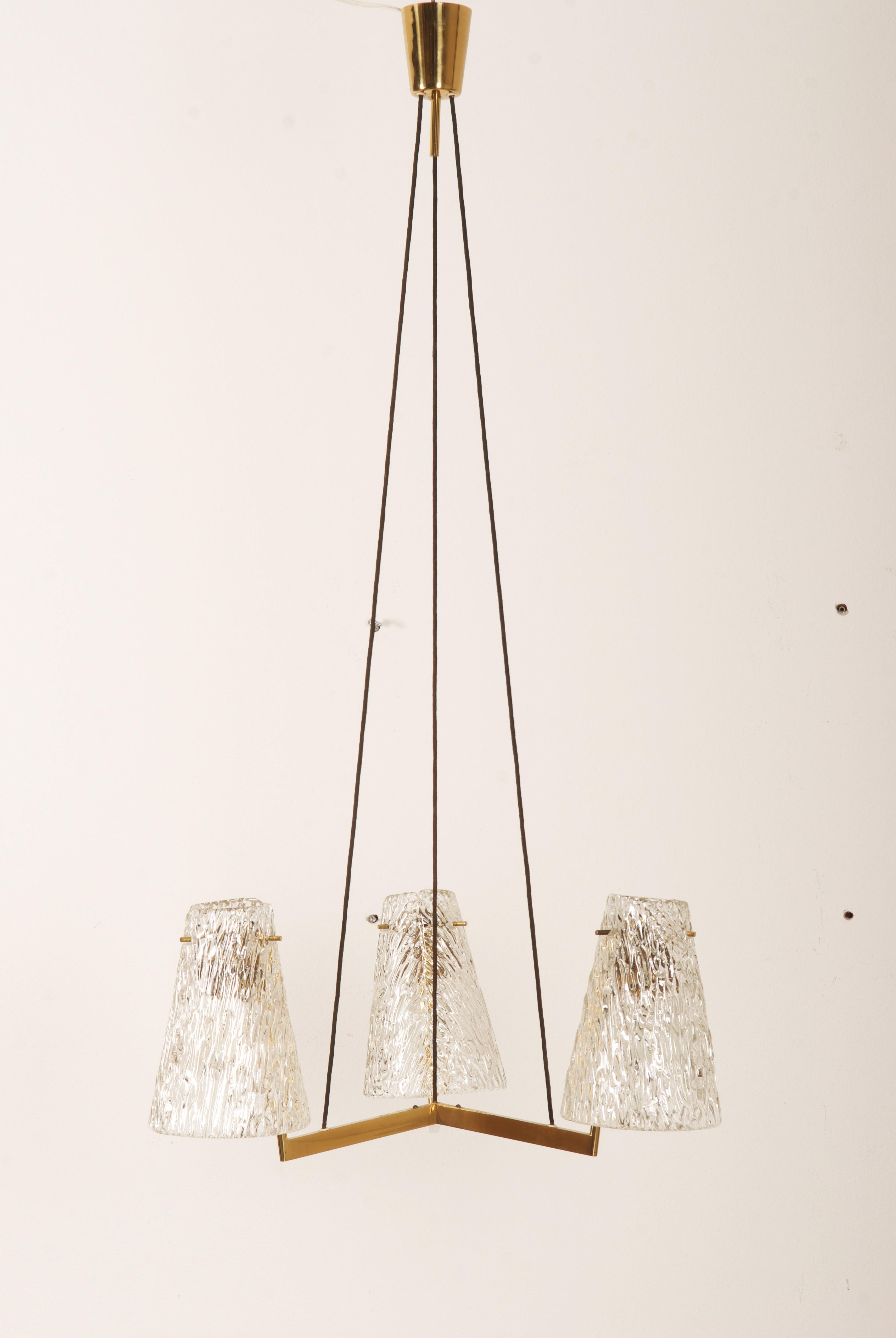 Brass Chandelier with Textured Glass by J. T. Kalmar For Sale 3