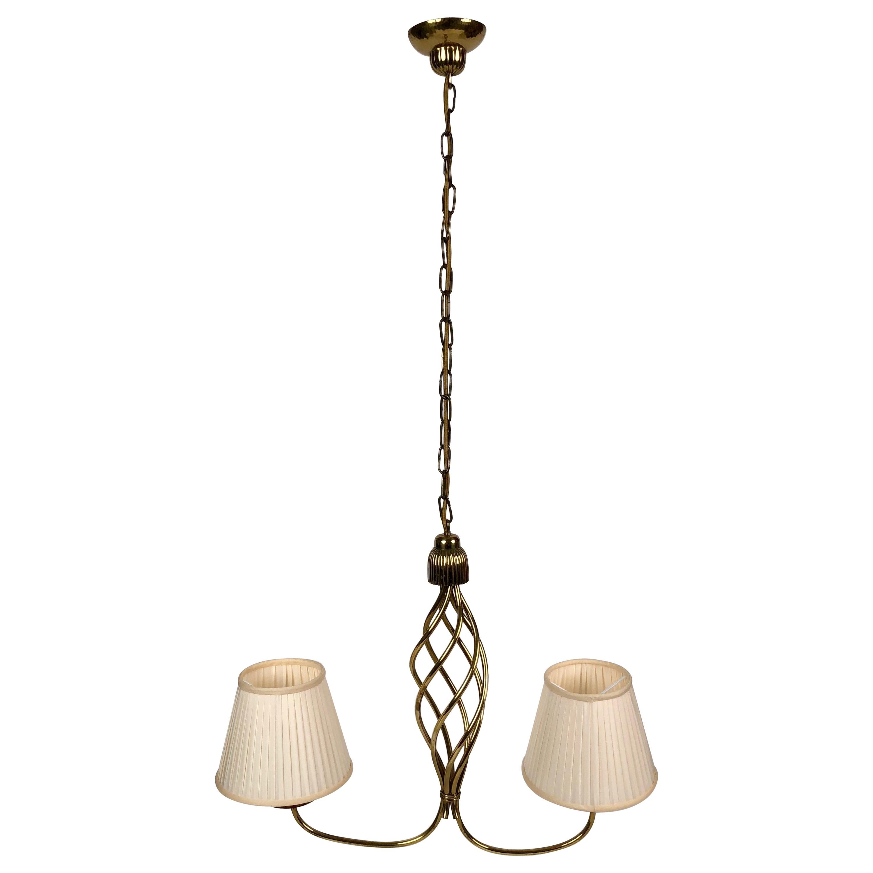 Brass Chandelier with Two Shades, in Hollywood Regency Style For Sale