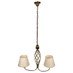 Brass Chandelier with Two Shades, in Hollywood Regency Style