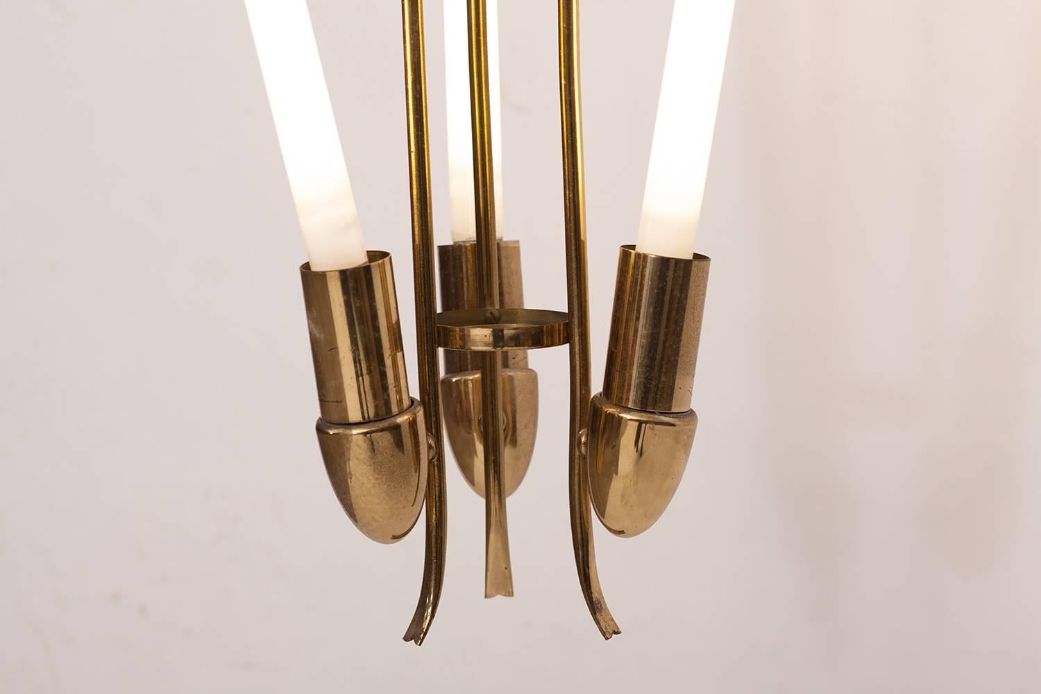 Brass Chandeliers by Kaiser with Neon Light Tube In Good Condition For Sale In Antwerp, BE