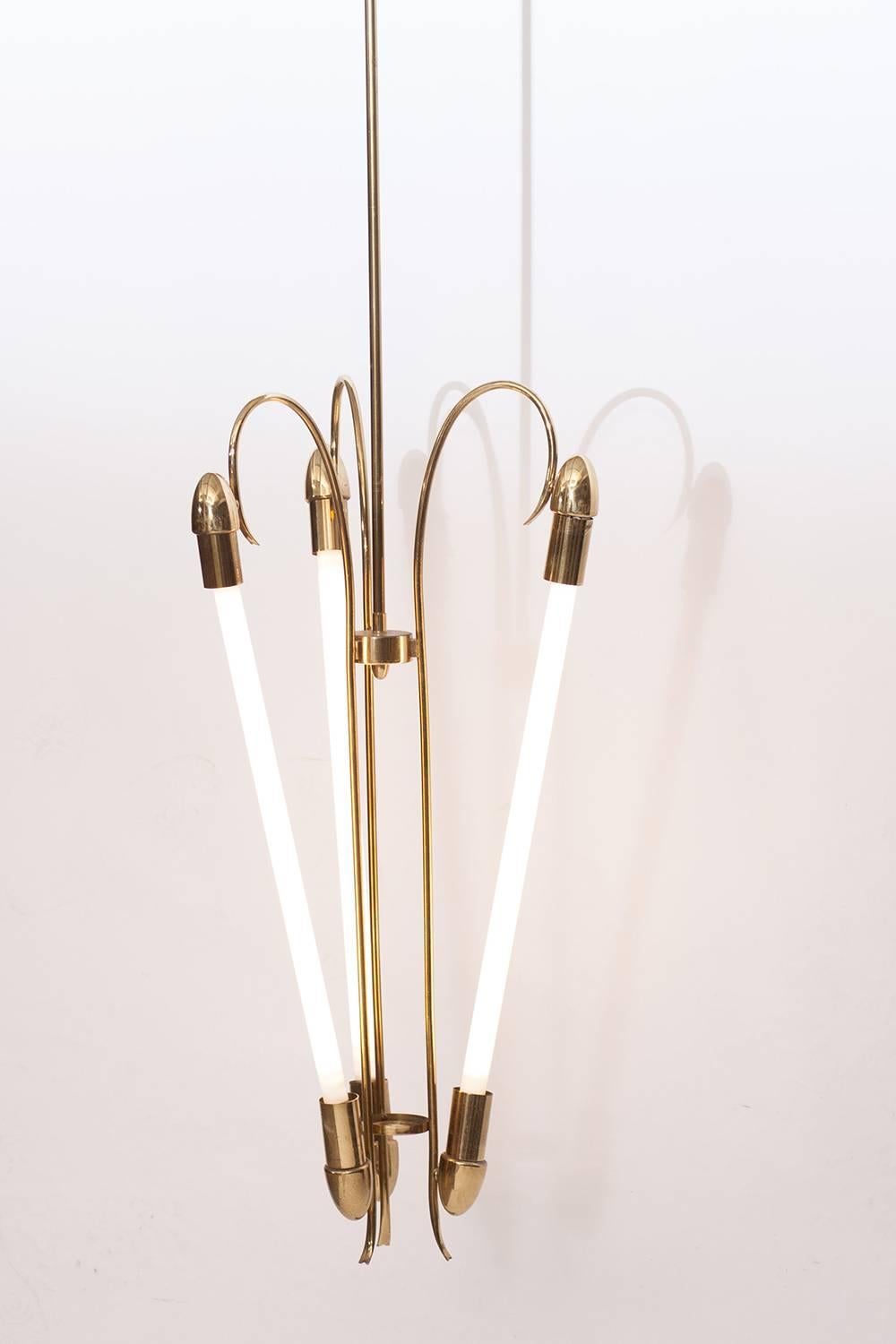 Brass Chandeliers by Kaiser with Neon Light Tube For Sale 1