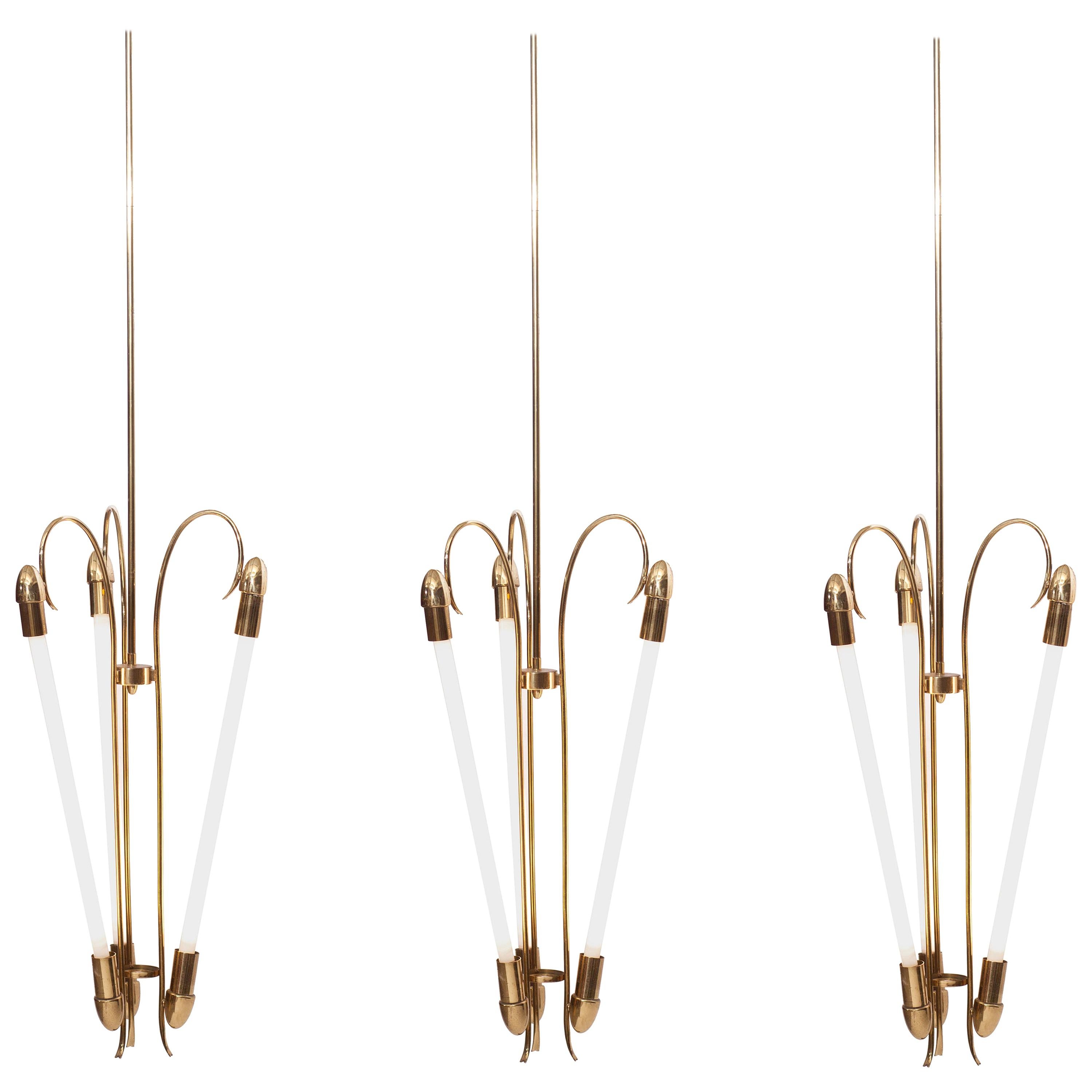 Brass Chandeliers by Kaiser with Neon Light Tube For Sale