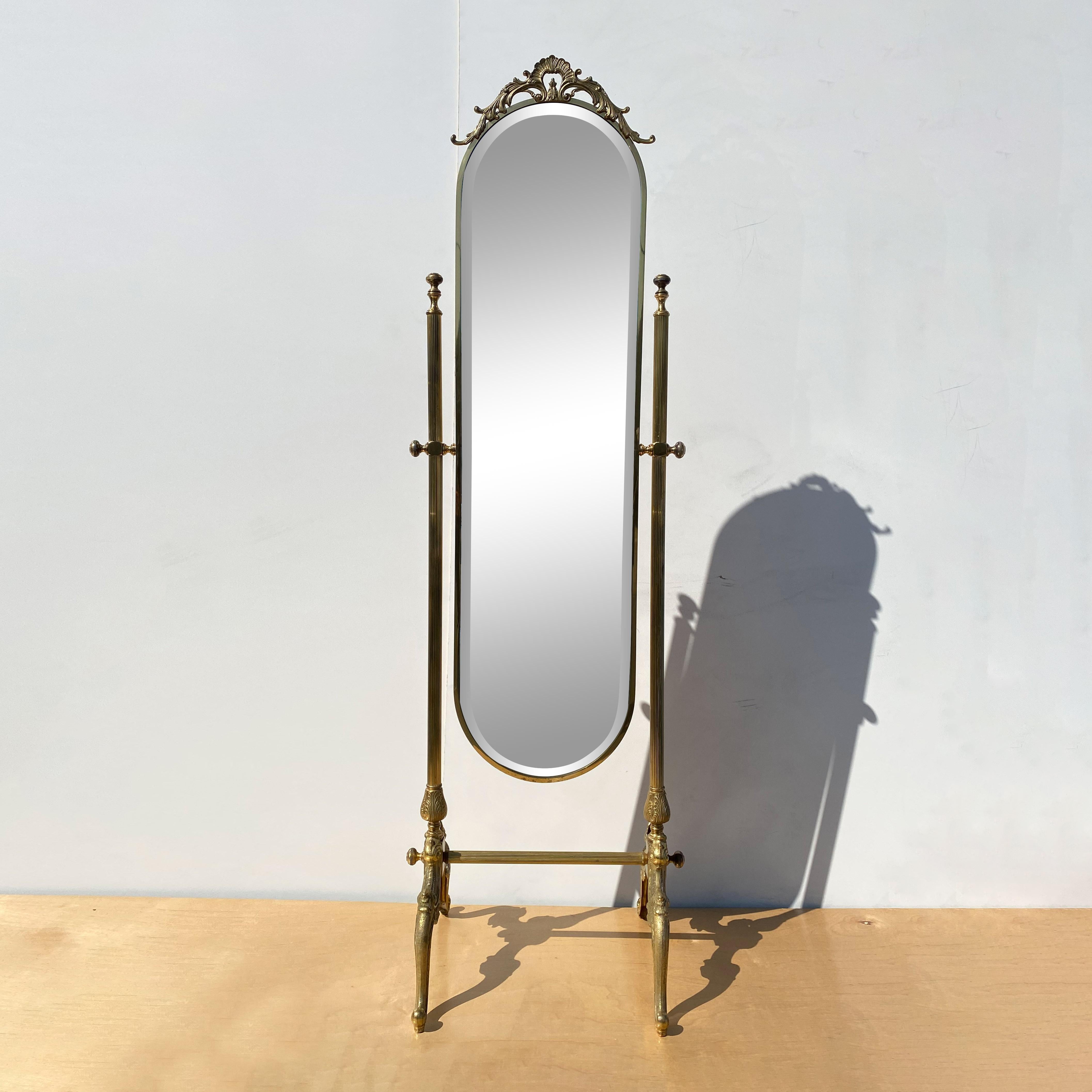 Hollywood Regency brass cheval mirror with 1