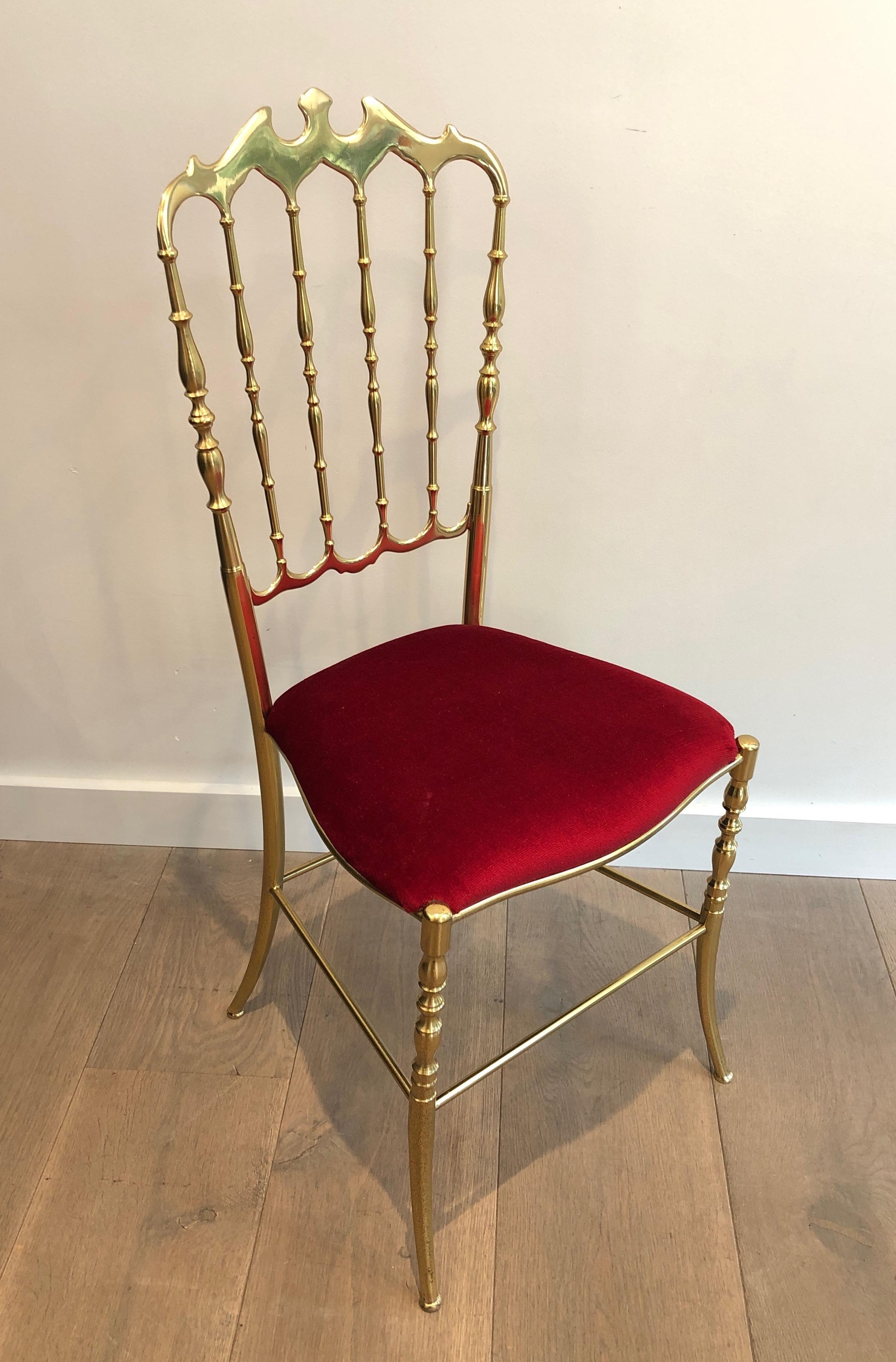 Sedia e sgabello Chiavari in ottone, sedili rivestiti in velluto verde. Lavoro italiano. In condizioni buone in vendita a Marcq-en-Barœul, Hauts-de-France