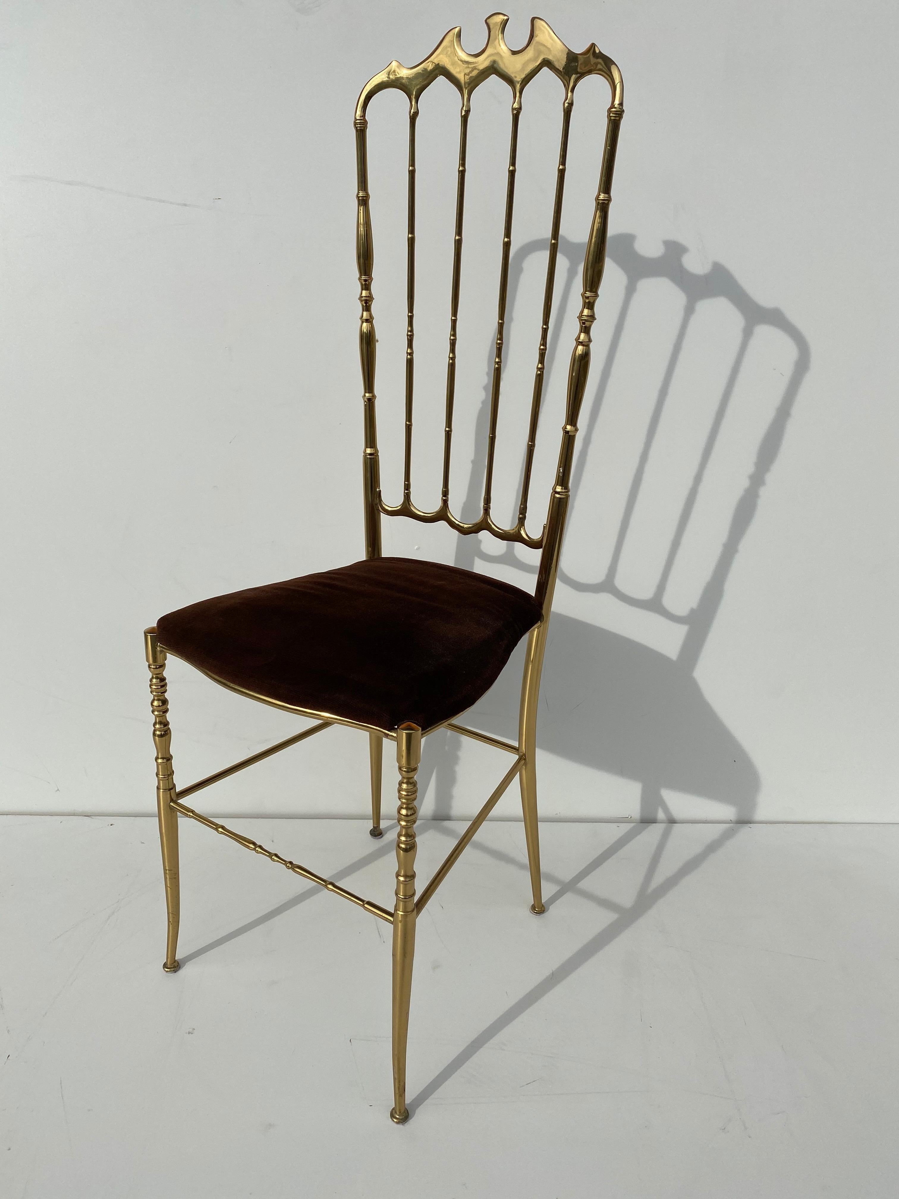 Brass Chiavari vanity side chair. Upholstery is original and may need reupholstery.