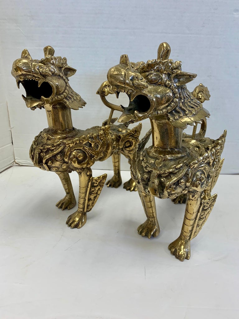 Brass China Export Pair of Southeast Asian Brass Foo Dogs at 1stDibs
