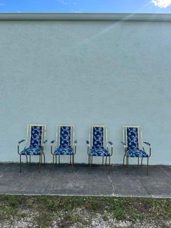 Brass Blue White Floral Dining Chairs attributed to Milo Baughman