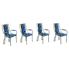 Brass Blue White Floral Dining Chairs attributed to Milo Baughman