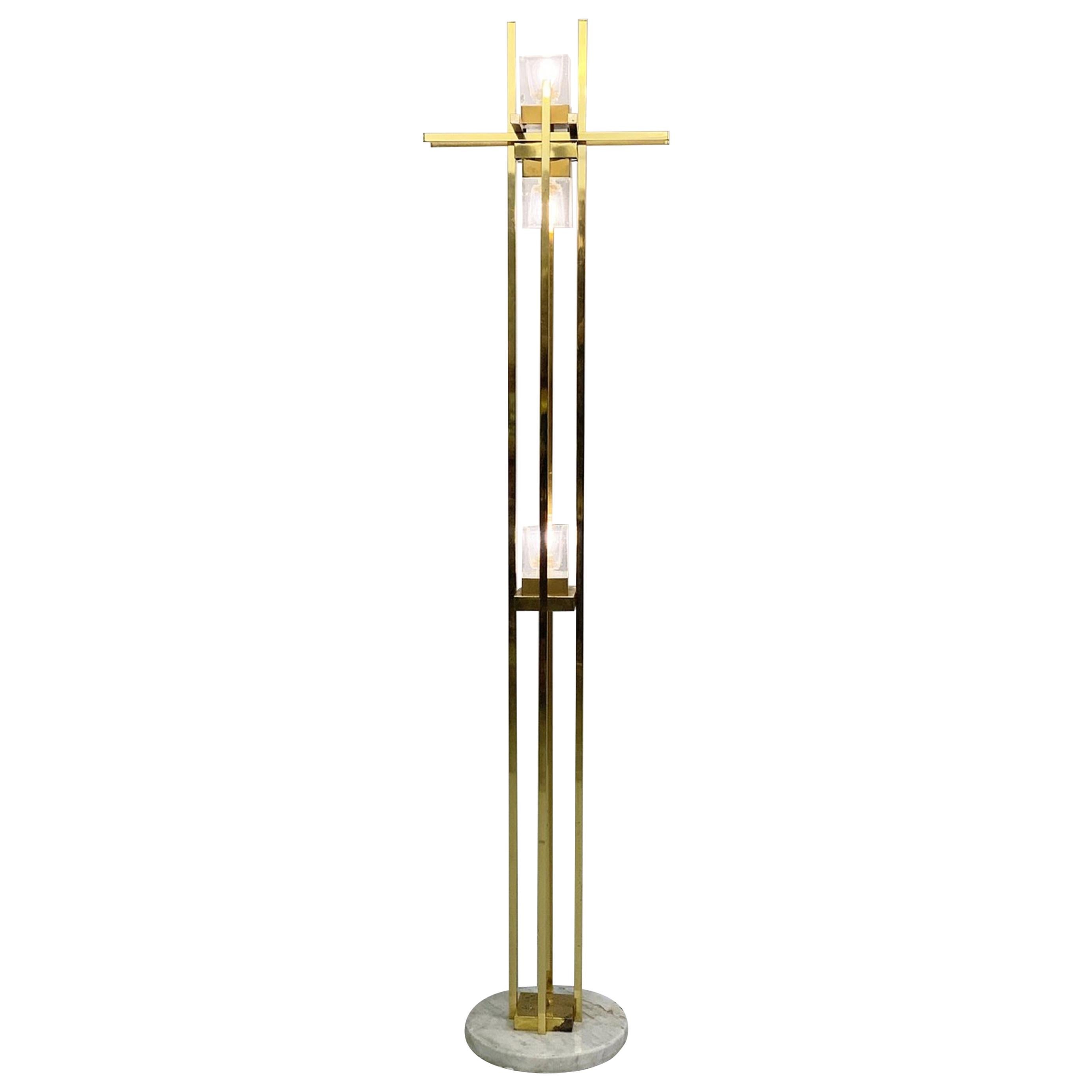 Brass, Chrome and Glass Italian Floor Lamp For Sale